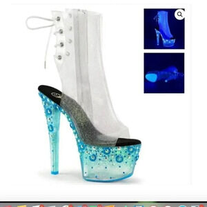 Pleaser Neon Blue Opal Pole Gogo Dancer Lace Up 7" Heel Ankle Boot Size 8